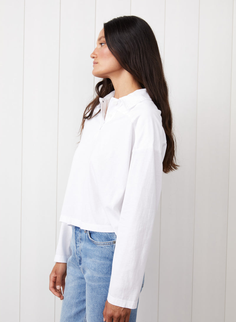 Cloud Jersey Johnny Collar Tee in White - side view