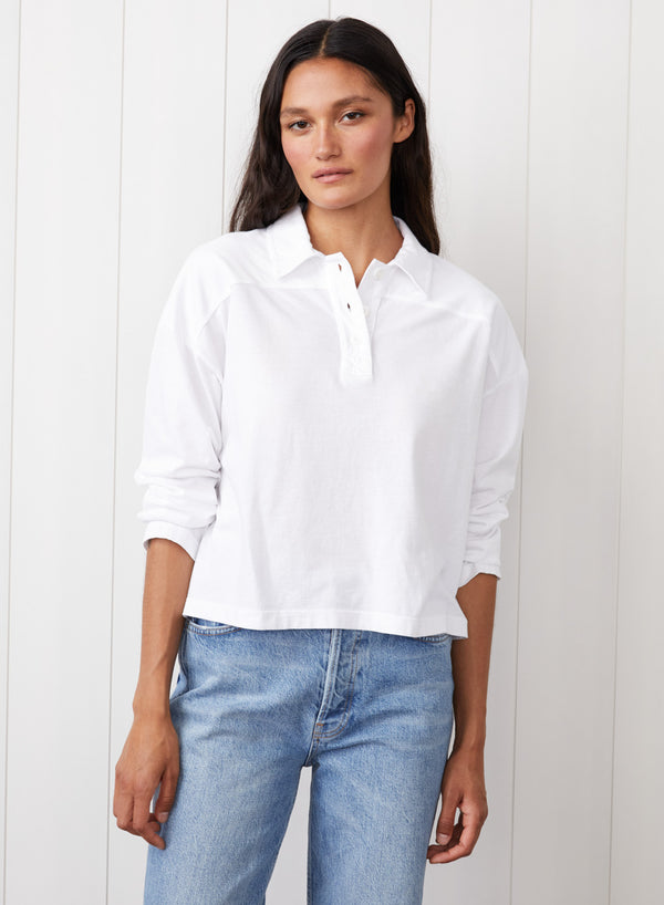 Cloud Jersey Johnny Collar Tee in White - front view