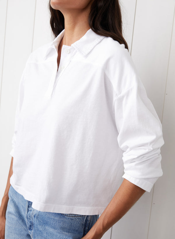 Cloud Jersey Johnny Collar Tee in White - side view close up 