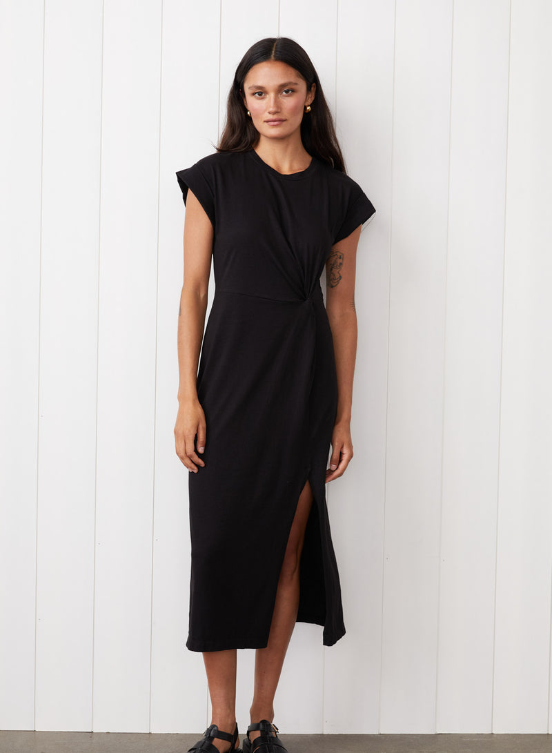 Cloud Jersey Twist Midi Dress in Black - the front view full body image