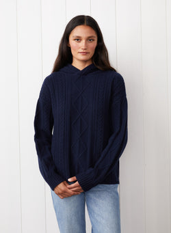 Cable Knit Hood Sweater in New Navy - front view