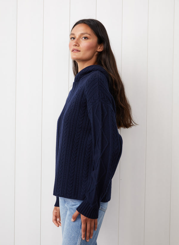 Cable Knit Hood Sweater in New Navy - side view