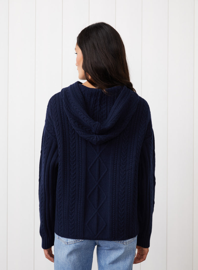 Cable Knit Hood Sweater in New Navy - back view