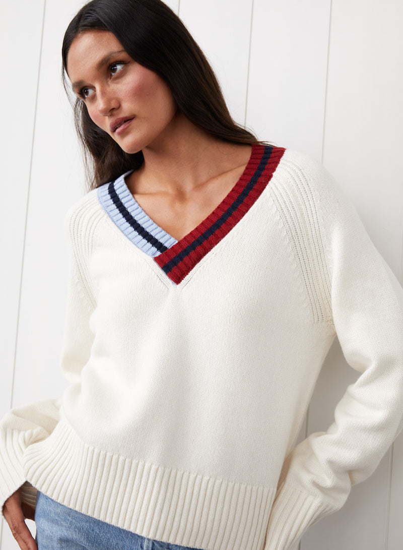 Raglan V-Neck Sweater in Cream - front view close up 