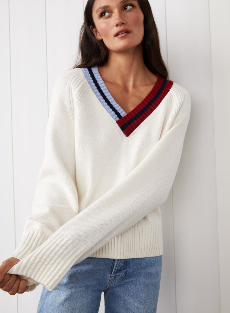 Raglan V-Neck Sweater in Cream - front view 