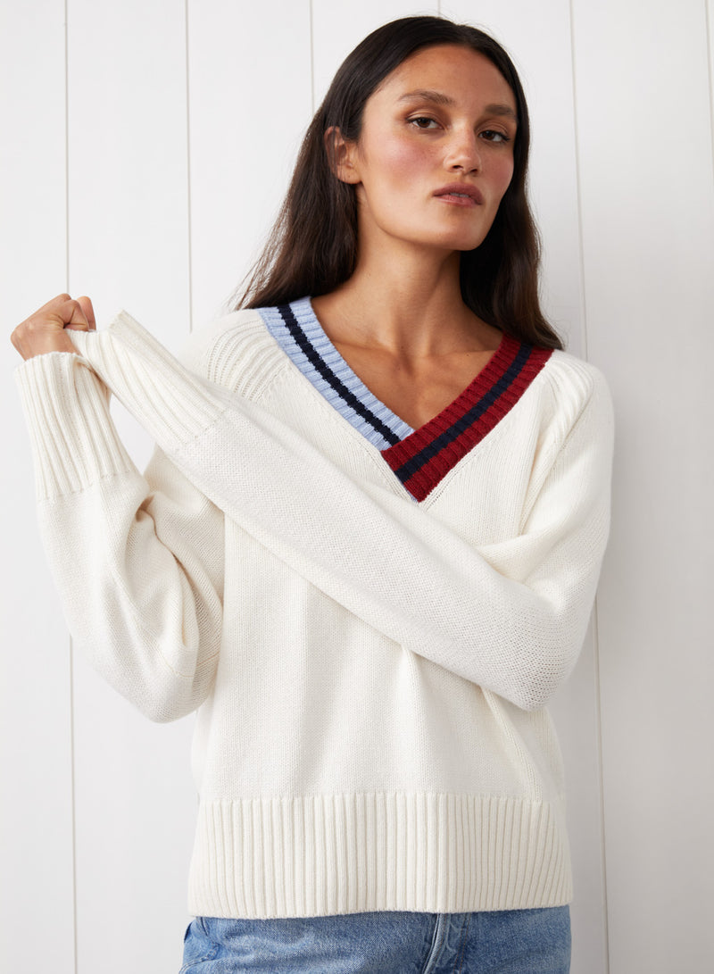 Raglan V-Neck Sweater in Cream - front view