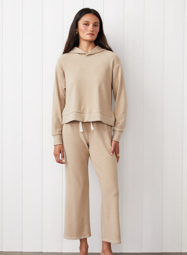 Honeyluxe Hoodie With Side Slits & Drawstring Cropped Flare Pant Set in Taupe