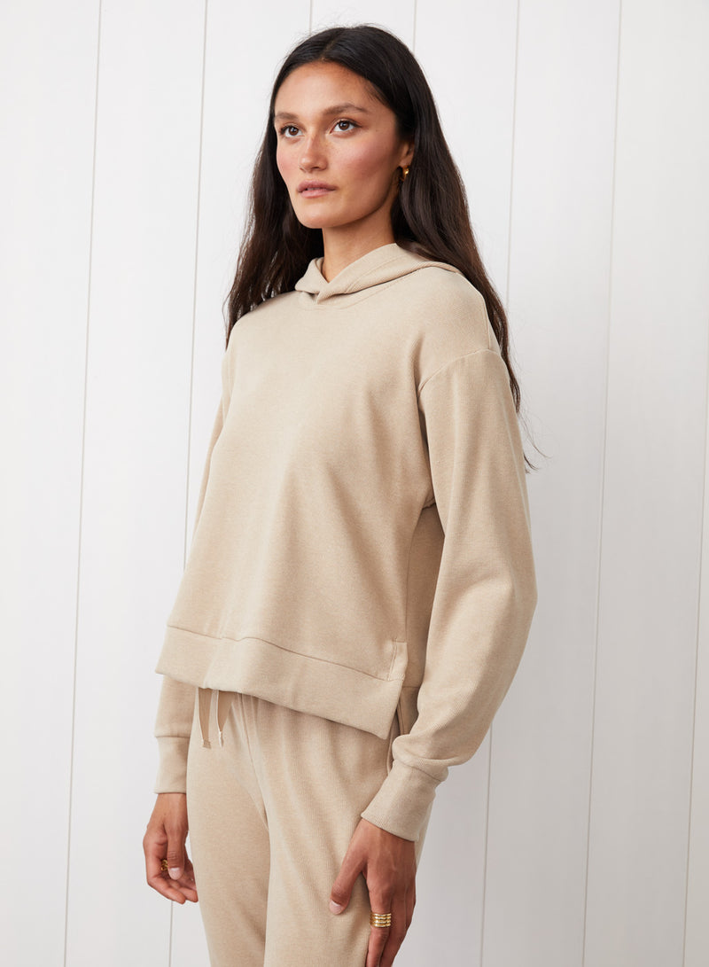 Honeyluxe Hoodie With Side Slits in Taupe - side view