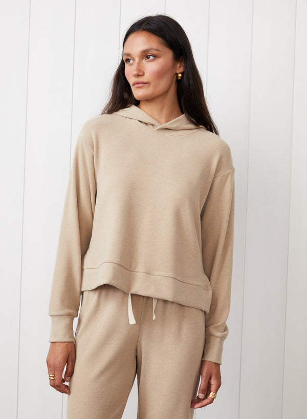 Honeyluxe Hoodie With Side Slits in Taupe -  front view