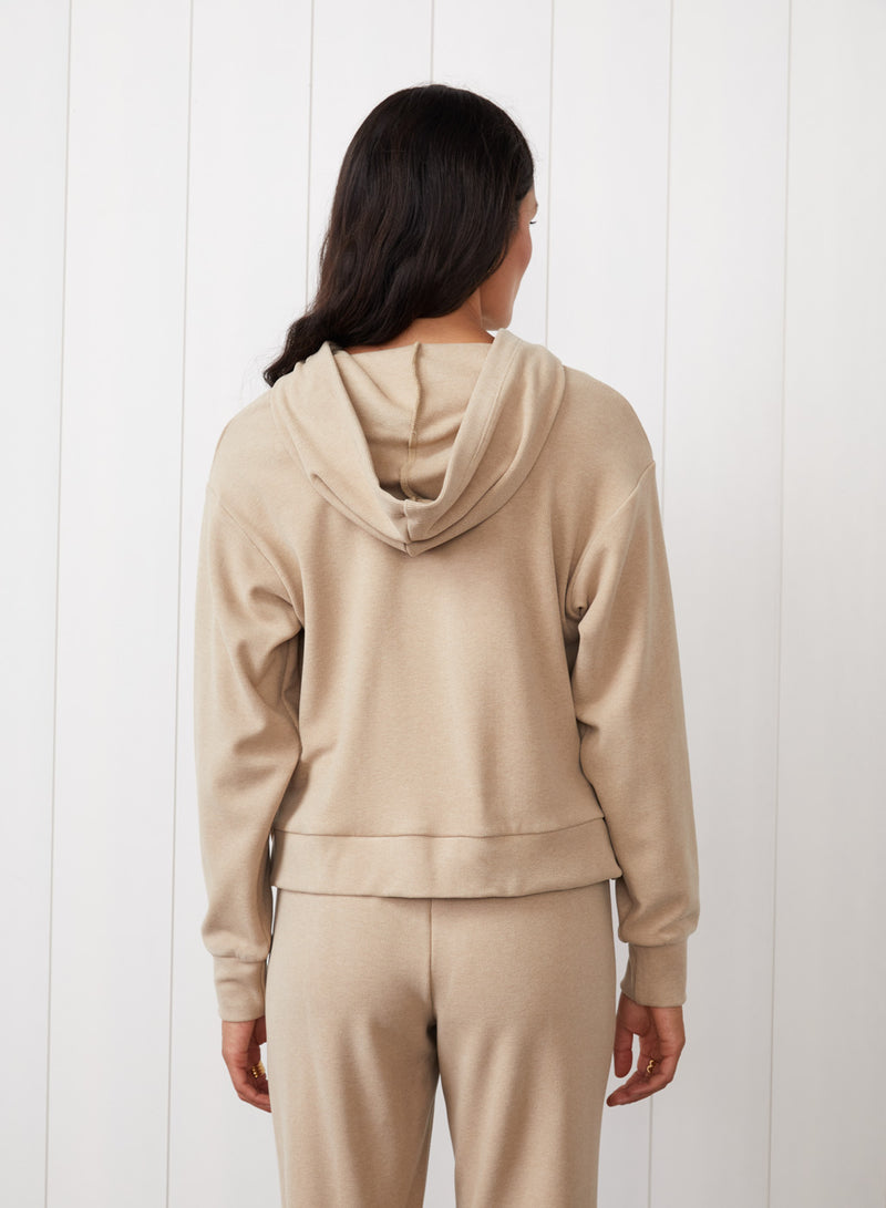 Honeyluxe Hoodie With Side Slits in Taupe - back view