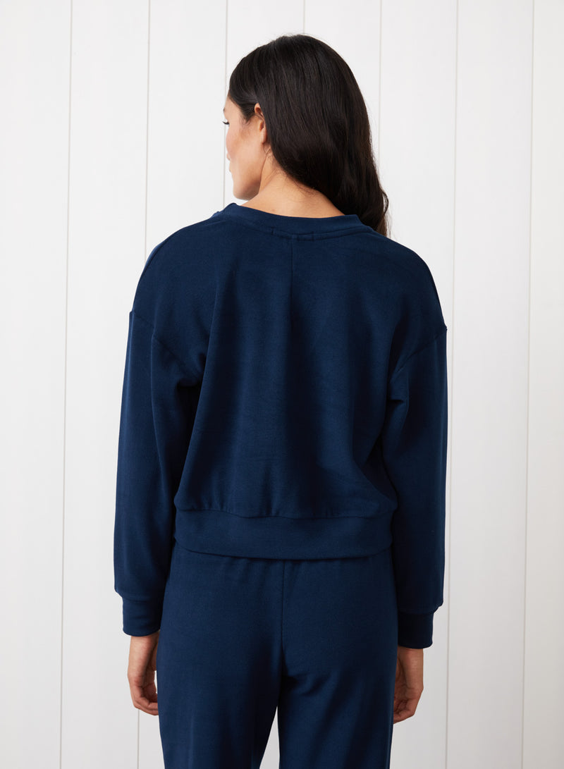 Honeyluxe Tie Hem Pullover in New Navy - back view