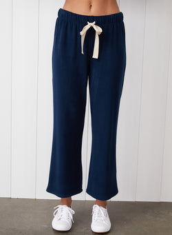 Honeyluxe Drawstring Cropped Flare Pant in New Navy - front view