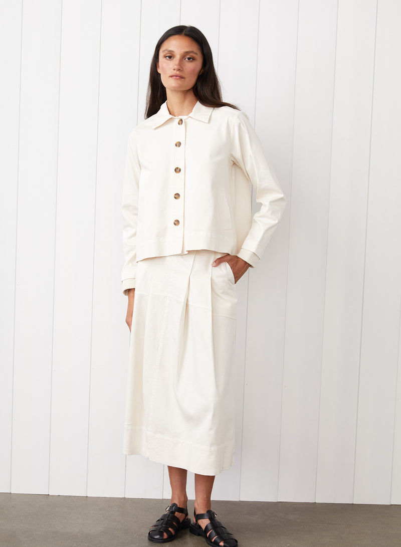 Cava Twill Peacoat in Cream - front view with the full body image. 