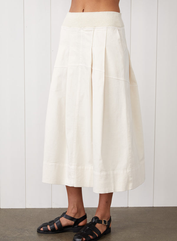 Cava Twill Skirt in Cream - front view with the skirt long 