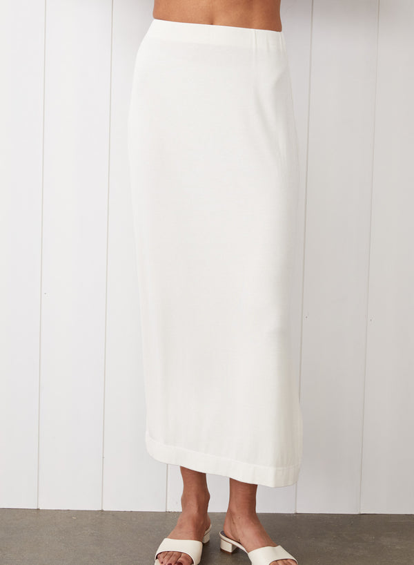 2x1 Fine Rib Side Slit Midi Skirt in White  -front view