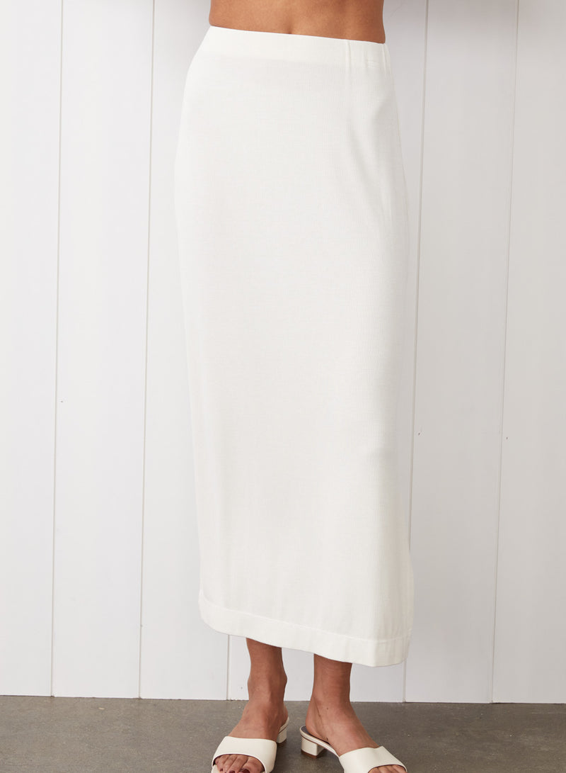 2x1 Fine Rib Side Slit Midi Skirt in White  -front view