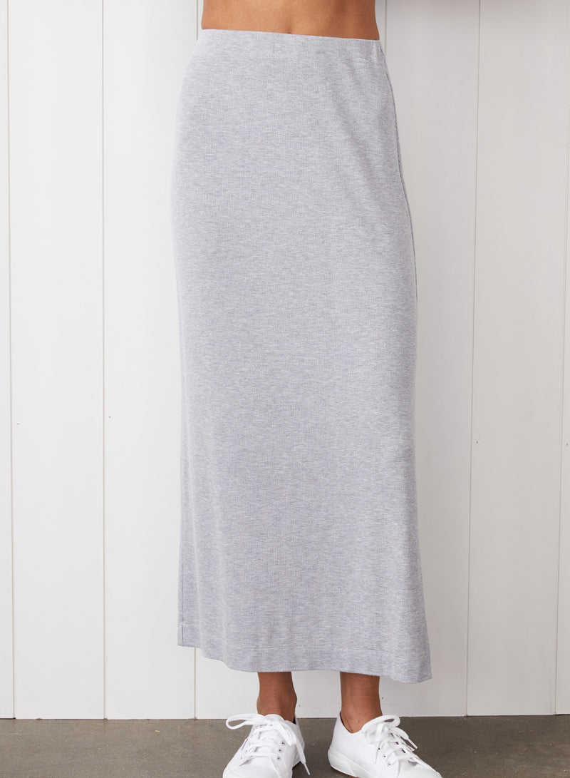 2x1 Fine Rib Side Slit Midi Skirt in Heather Grey - Front view