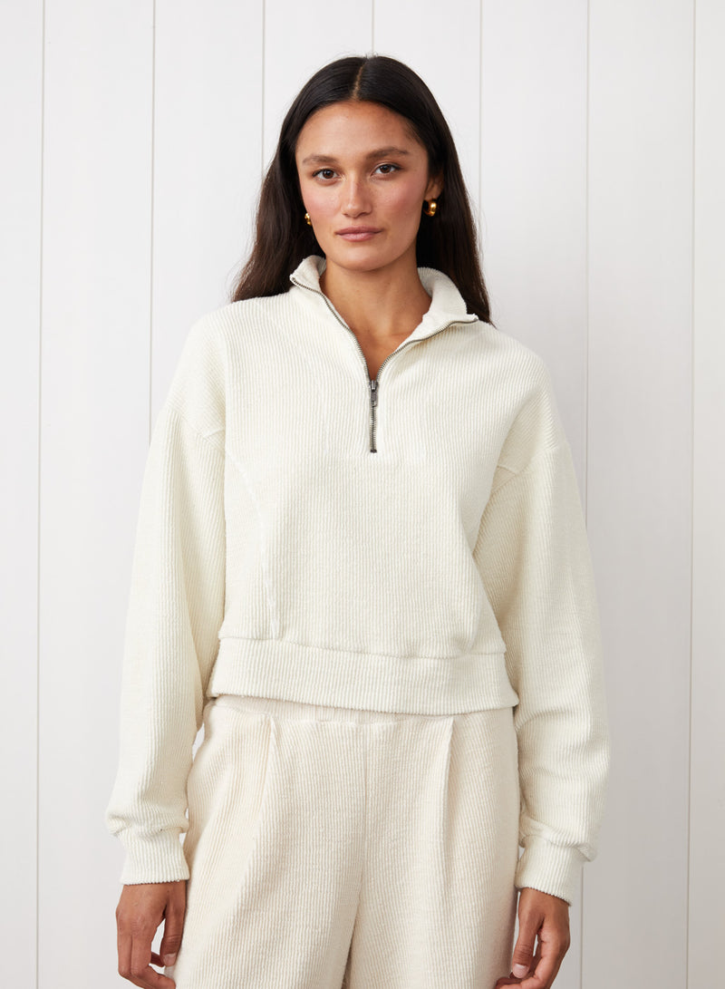 Jasper Knit Cord Half Zip Pullover in Cream - front view