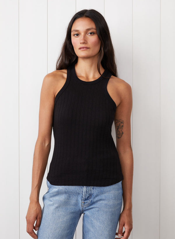 Double Faced Pointelle Tank in Black - front view