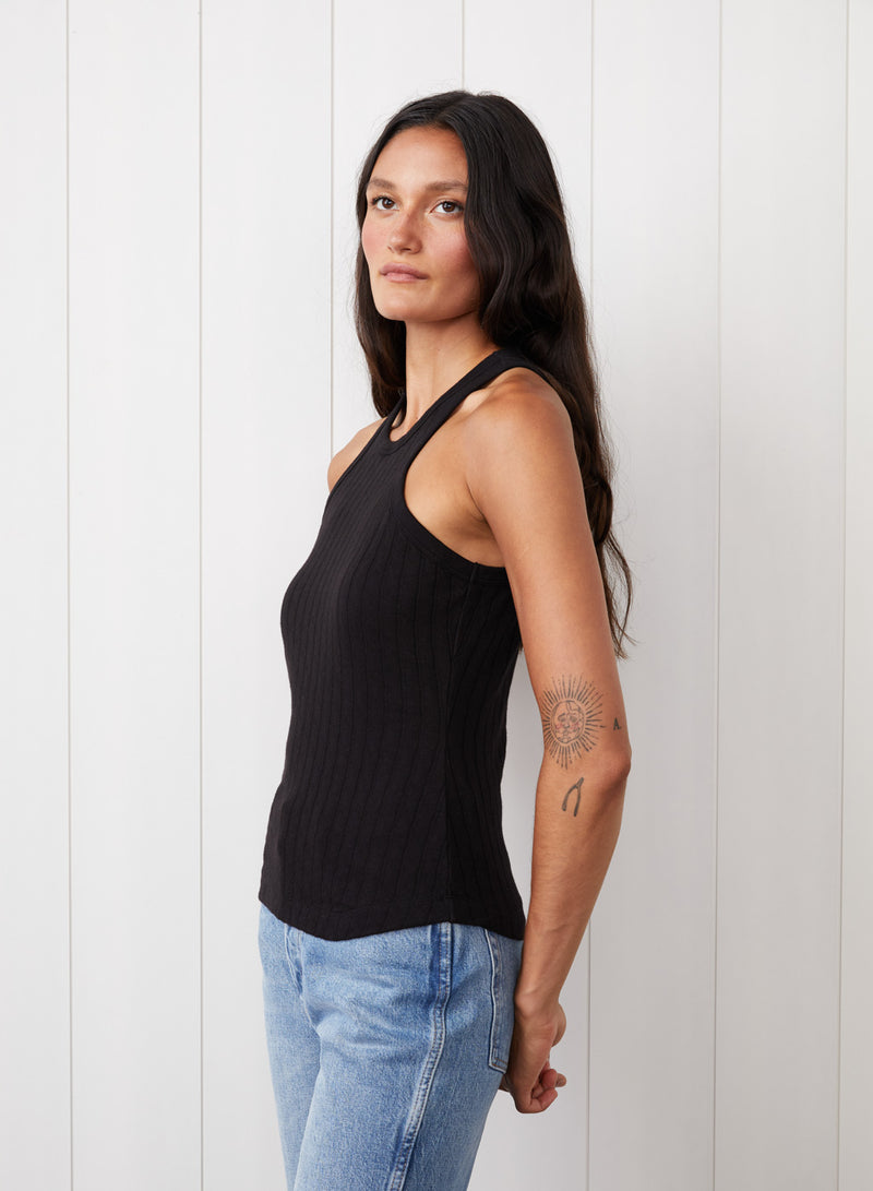 Double Faced Pointelle Tank in Black - side view