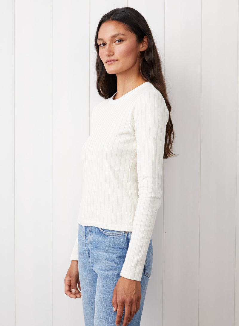 Double Faced Pointelle Long Sleeve Top in Cream - side view