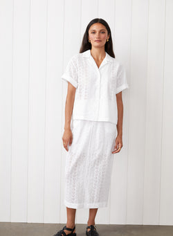 Eyelit Camp Shirt in White - front view full body 