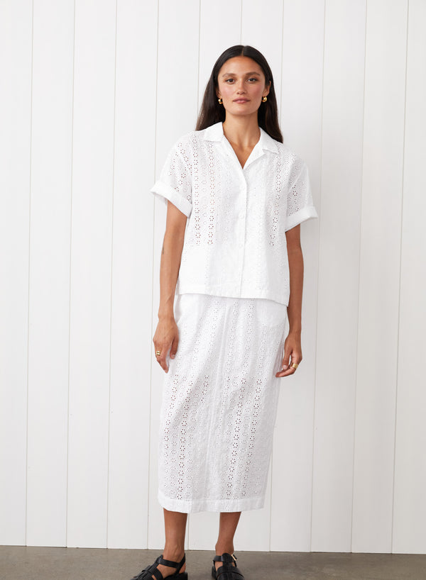 Eyelit Camp Shirt in White - front view full body 