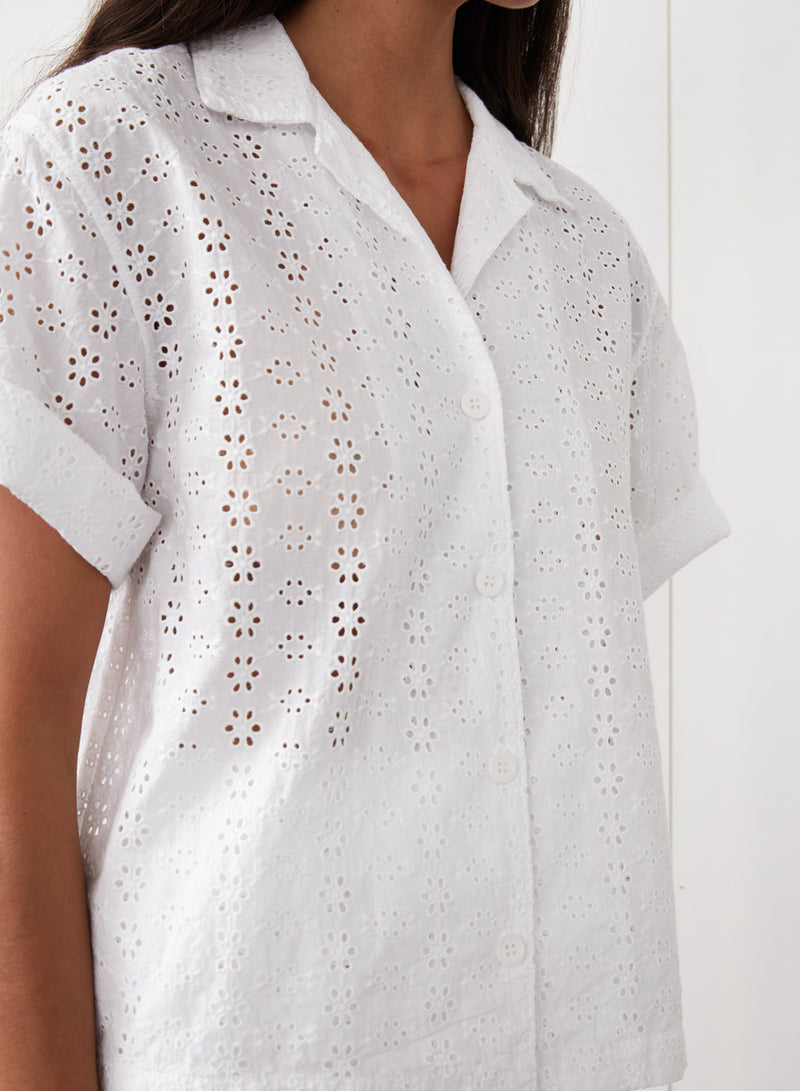 Eyelit Camp Shirt in White - front view with close up 