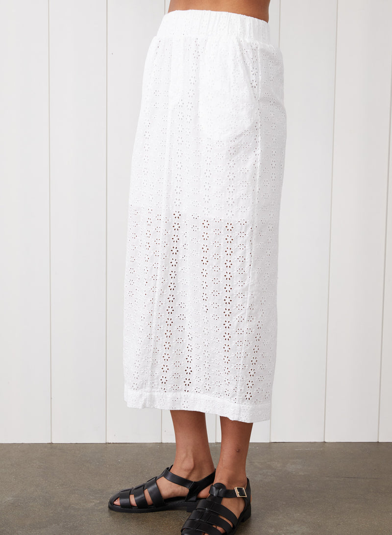 Eyelit Camp Shirt & Midi Skirt Set in White