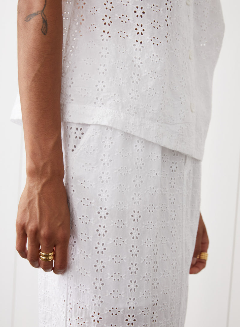 Eyelit Midi Skirt in White - close up to the side 