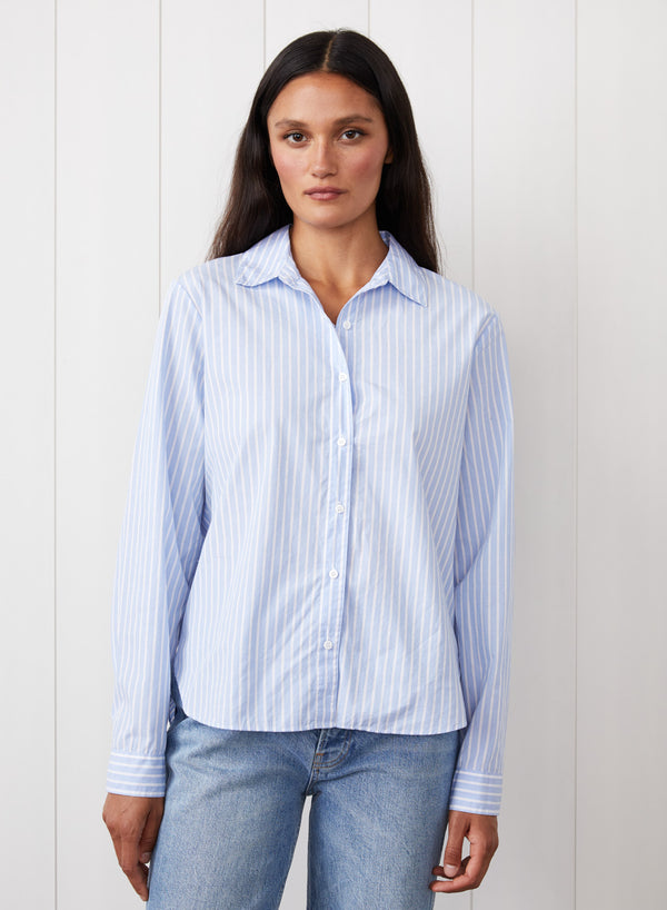 Iberus Stripe Poplin Slit Back Shirt in Clear Sky Stripe - front view