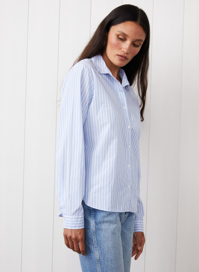 Iberus Stripe Poplin Slit Back Shirt in Clear Sky Stripe - side view