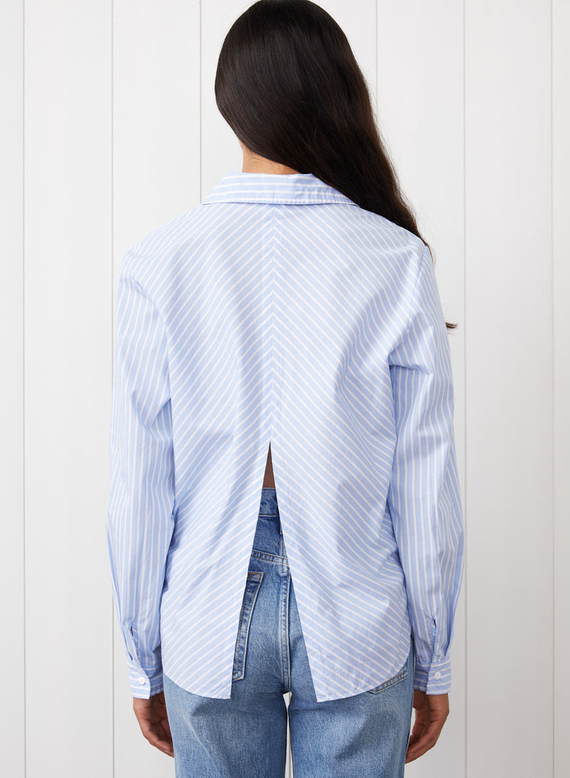 Iberus Stripe Poplin Slit Back Shirt in Clear Sky Stripe - back view