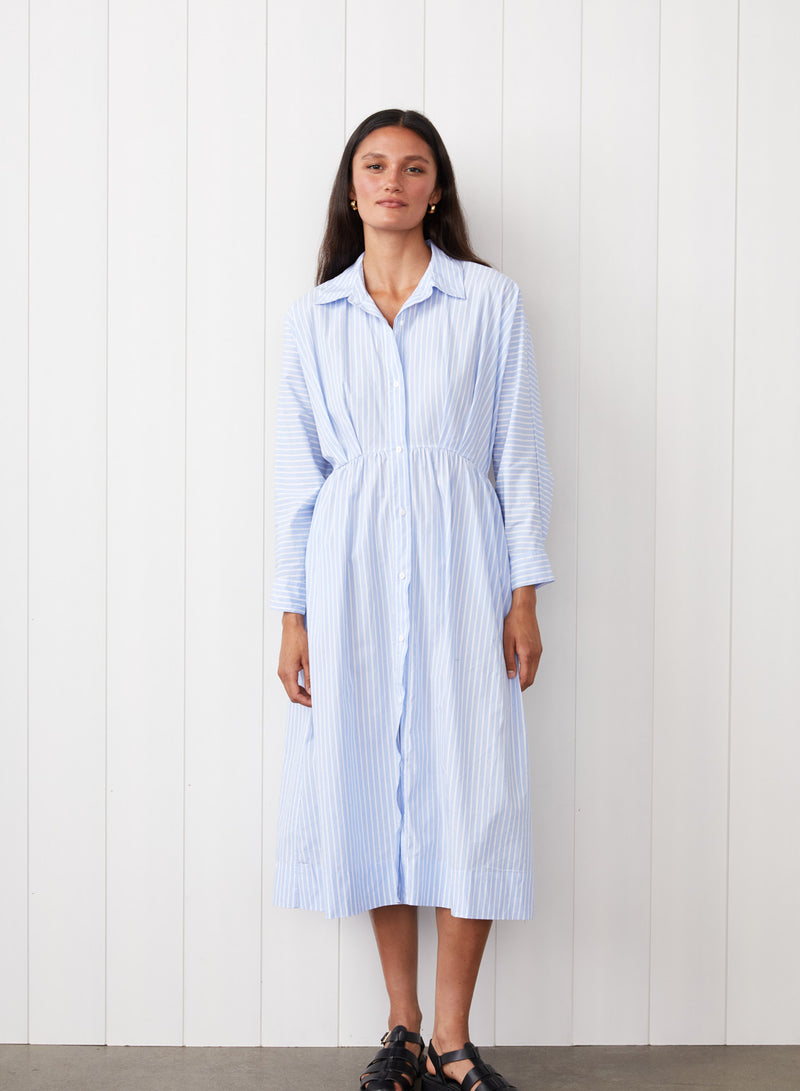 Iberus Stripe Poplin Shirt Dress in Clear Sky Stripe - front view full body