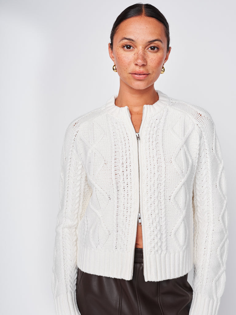 Cable Zip Front Cardigan Sweater in White – shopstateside.us