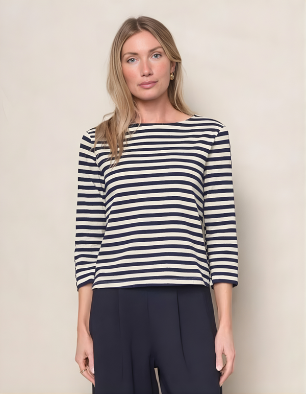 Preppy Stripe 3/4 Sleeve Boatneck Top in Cream
