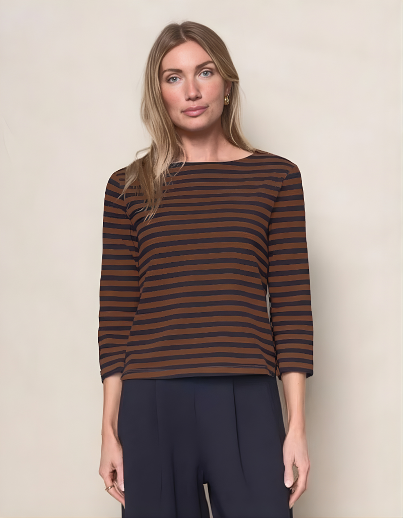 Preppy Stripe 3/4 Sleeve Boatneck Top in Espresso