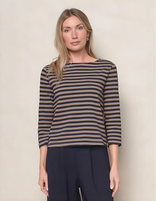 Preppy Stripe 3/4 Sleeve Boatneck Top in Thyme