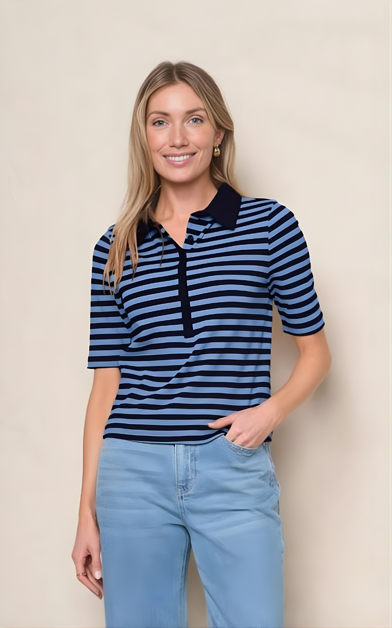 Preppy Stripe Polo Top in Blue Topaz