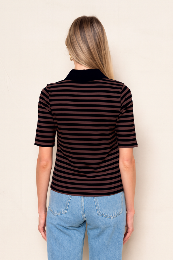 Preppy Stripe Polo Top in Espresso