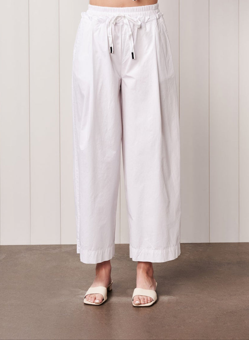 Fine Poplin Ribbed Waist Drawstring Pant in White