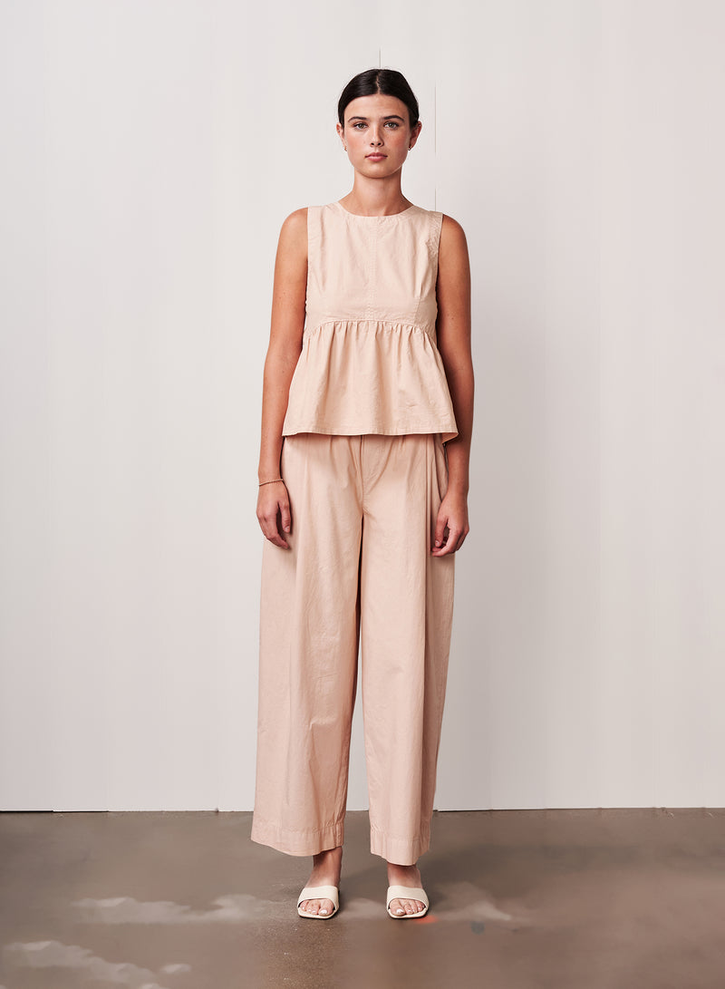 Fine Poplin Ribbed Waist Drawstring Pant in Almond