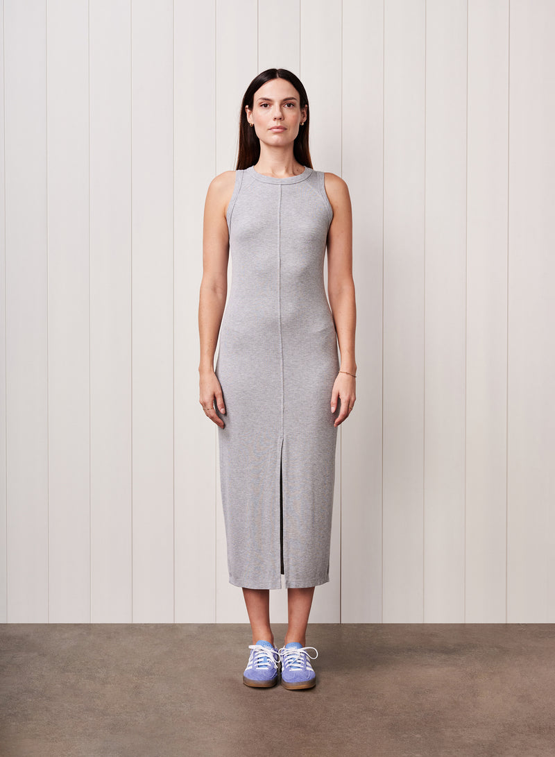 Fine 2X1 Rib Front Slit Midi Dress in Heather Grey