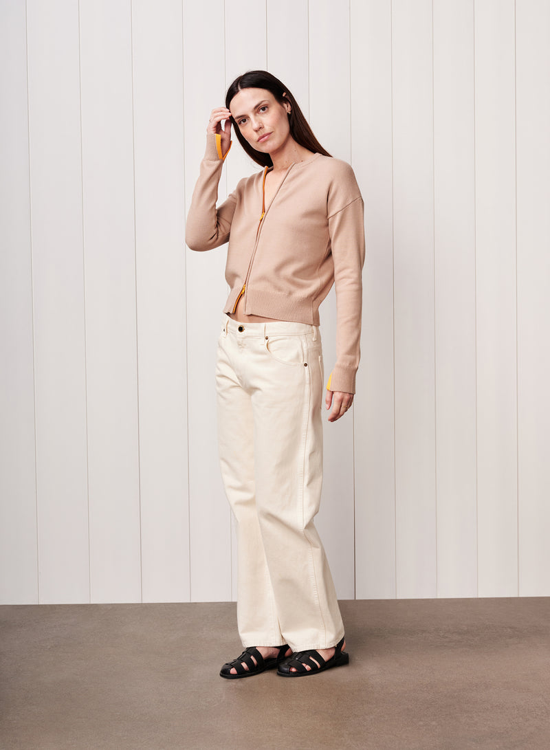 Two Way Zip Cardigan Sweater in Taupe