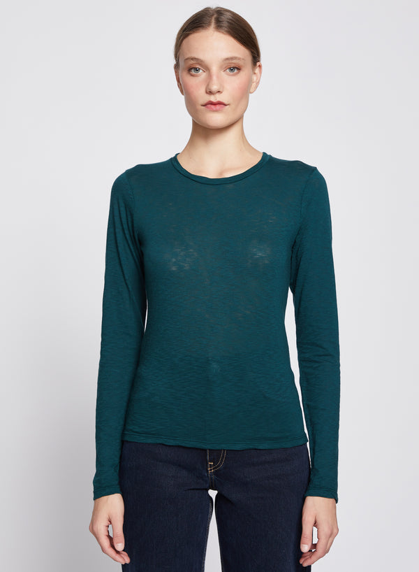 Supima Slub Long Sleeve Crew in Evergreen-3/4 front