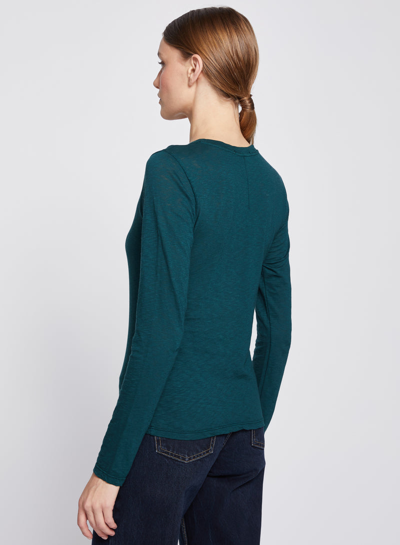 Supima Slub Long Sleeve Crew in Evergreen-side view back