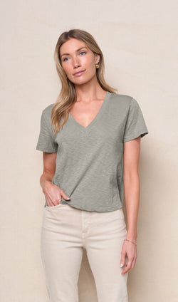 Supima Slub Jersey Short Sleeve V-Neck in Thyme