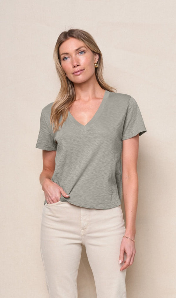 Supima Slub Jersey Short Sleeve V-Neck in Thyme