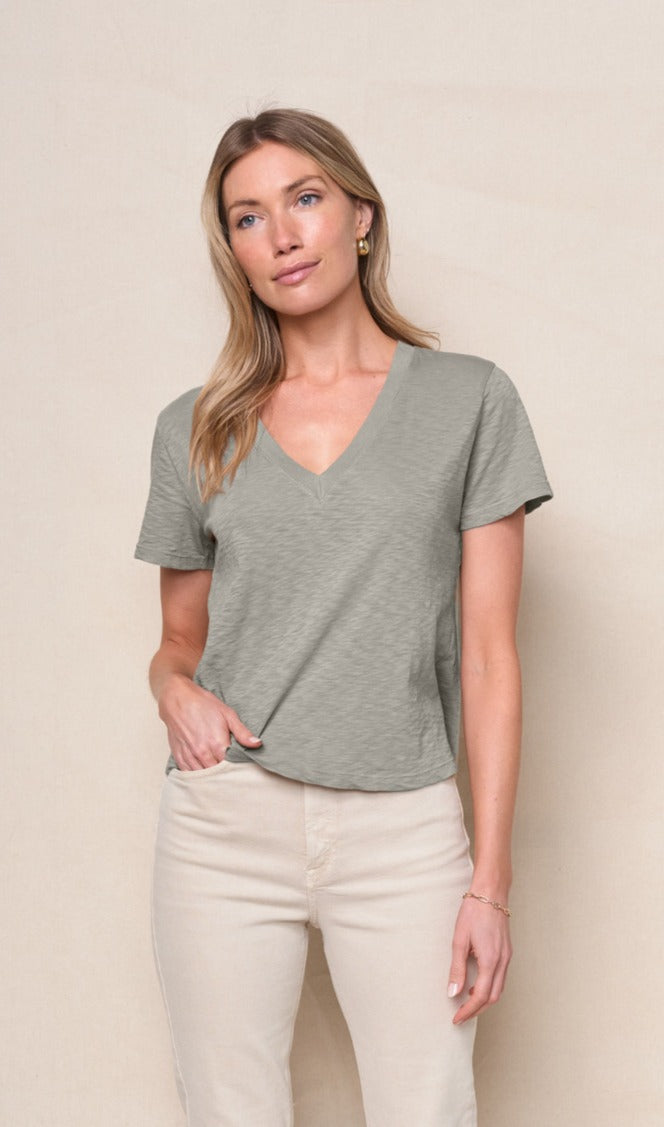 Supima Slub Jersey Short Sleeve V-Neck in Thyme