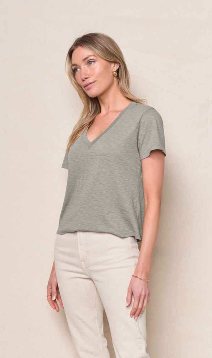Supima Slub Jersey Short Sleeve V-Neck in Thyme